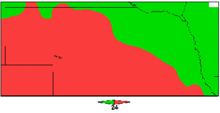 Nebraska map showing average temperatures above or below 24 F in February 2008.