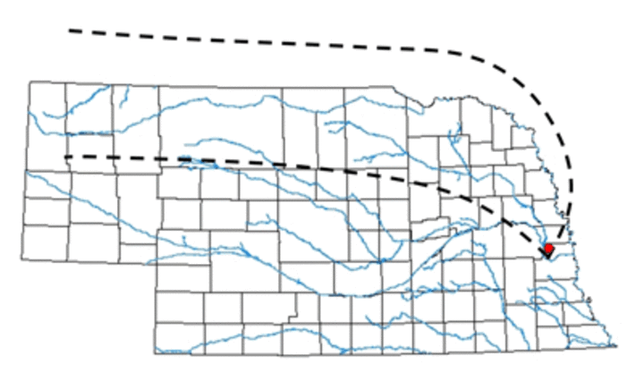 Black and white map with blue rivers showing the possible routes a mountain lion may have followed to end up at Gretna in 2005.