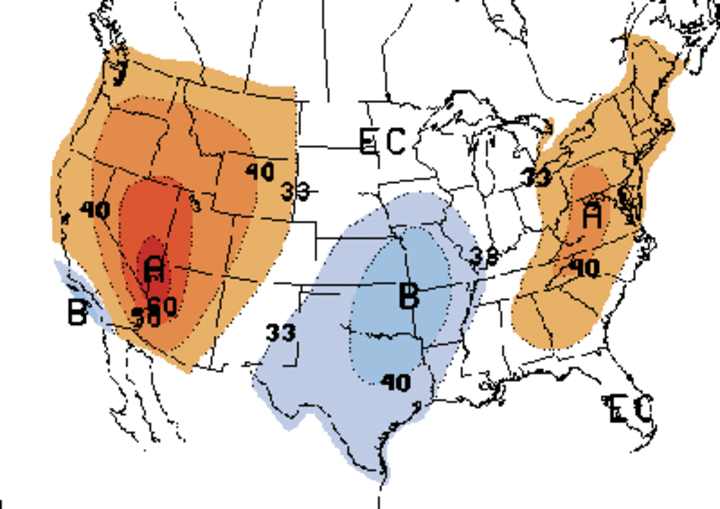 Map showing 30-day temperature for July for the United States.