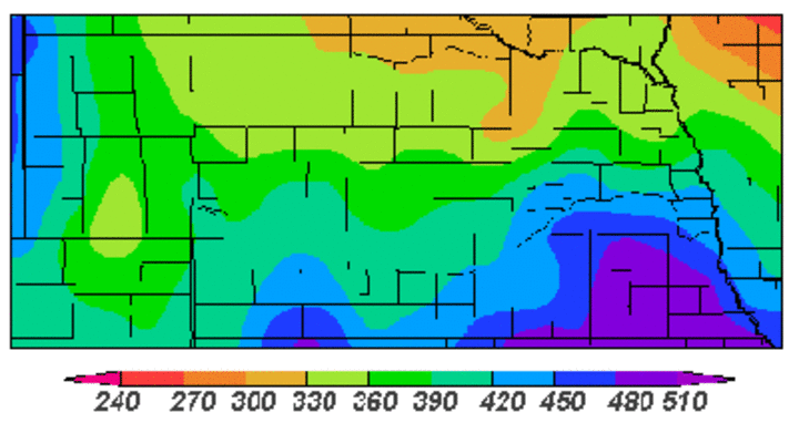 Graphic 4-color map showing degree day accumulations which suggest alfalfa weevil stages.