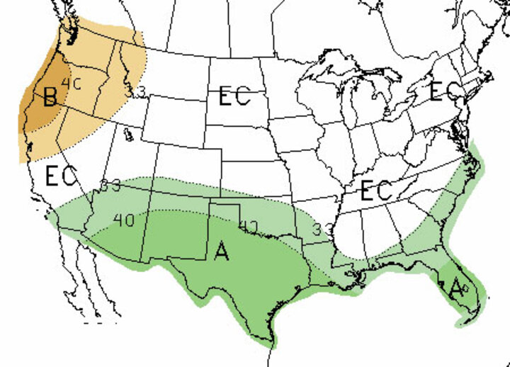 90-day precipitation forecast map for October - December