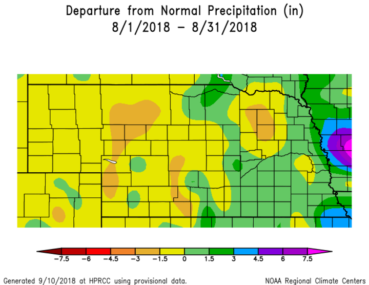 Map showing departure from normal precipitation in August 2018