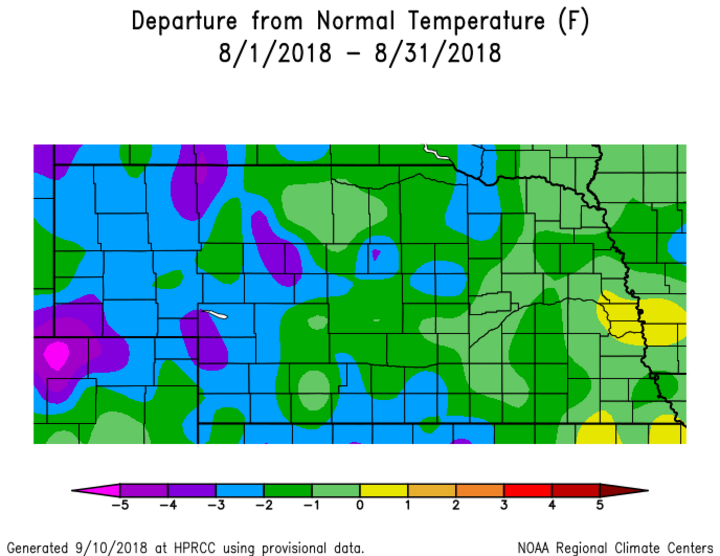 Map showing departure from normal temperatures for August 2018