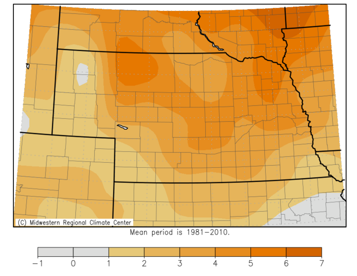 Nebraska map showing departure from average minimum temperatures