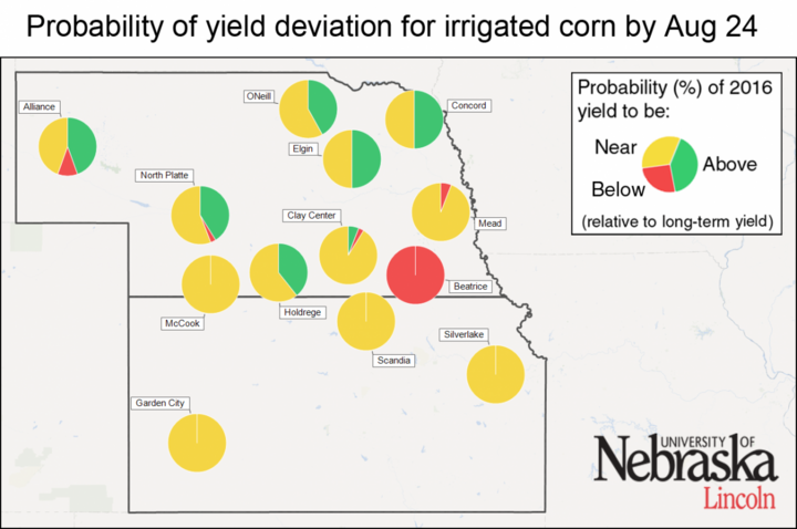 Map indicating probability of yield deviation for irrigated corn July 13