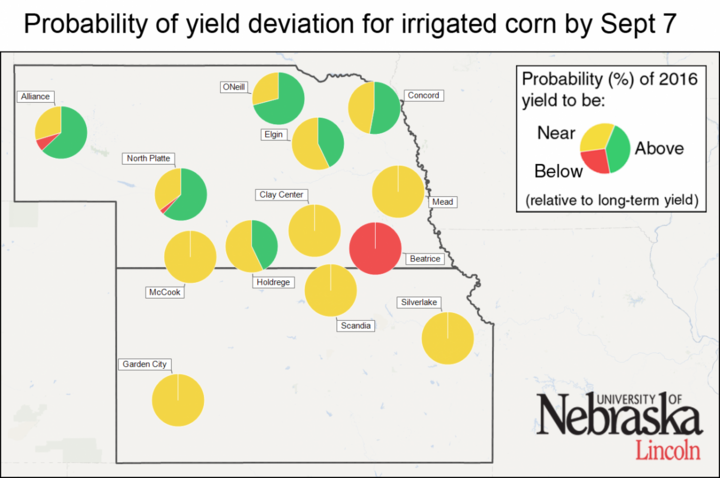 Map indicating probability of yield deviation for irrigated corn July 13