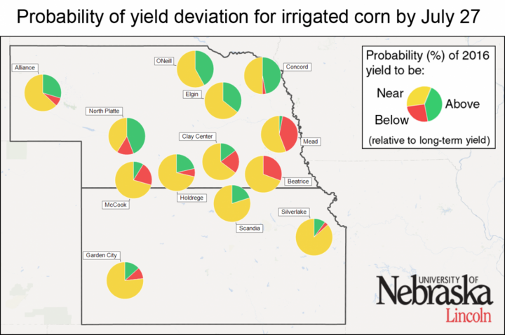 Map indicating probability of yield deviation for irrigated corn July 13