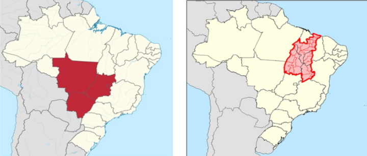 Two maps showing the predominant agricultural production areas in Brazil.