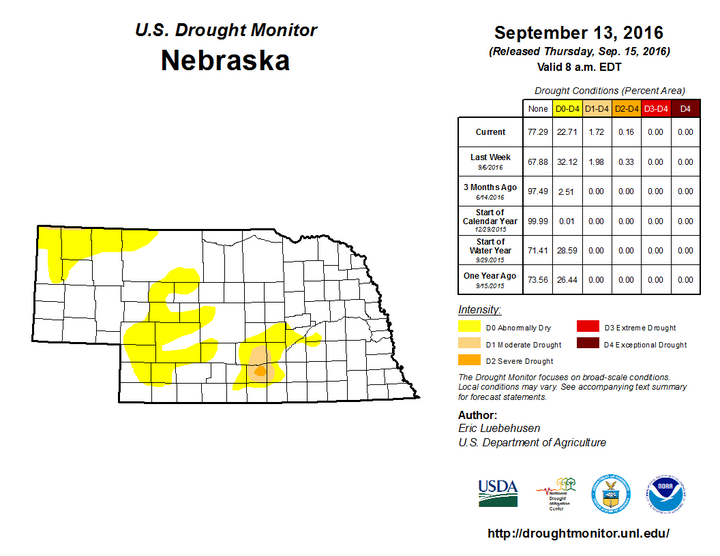 Drought monitor map for Nebraska for September 13, 1016