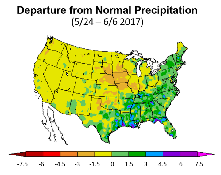 US map showing departure from normal precipitation