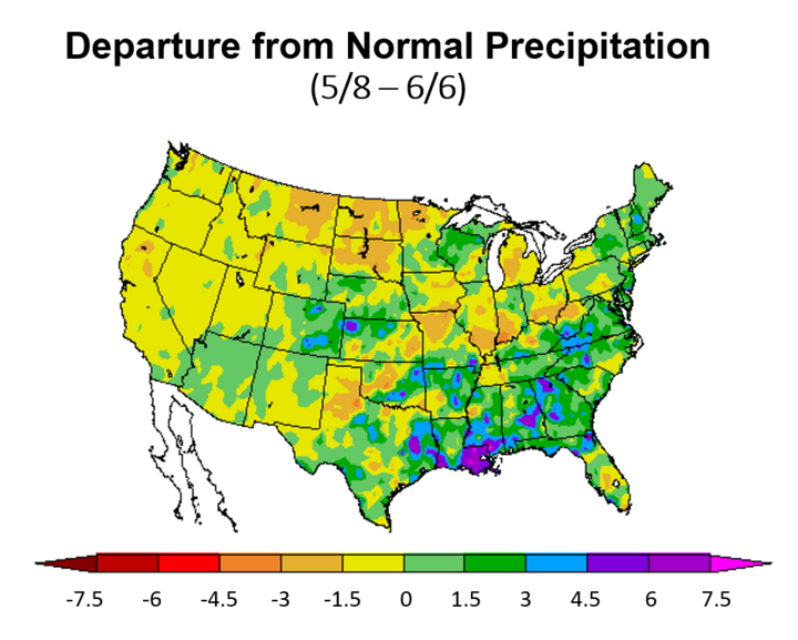 US map showing departure from normal precipitation