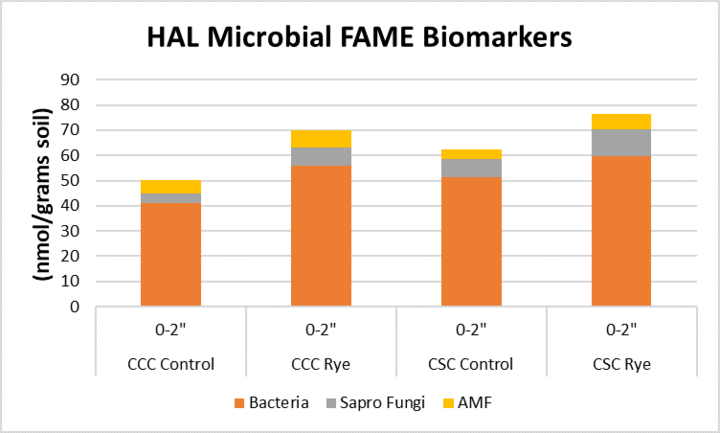 Graph indicating the proportion of bacteria, saprophytic fungi, and arbuscular mycorrhizae biomarkets in the 0-2 inch soil depth.