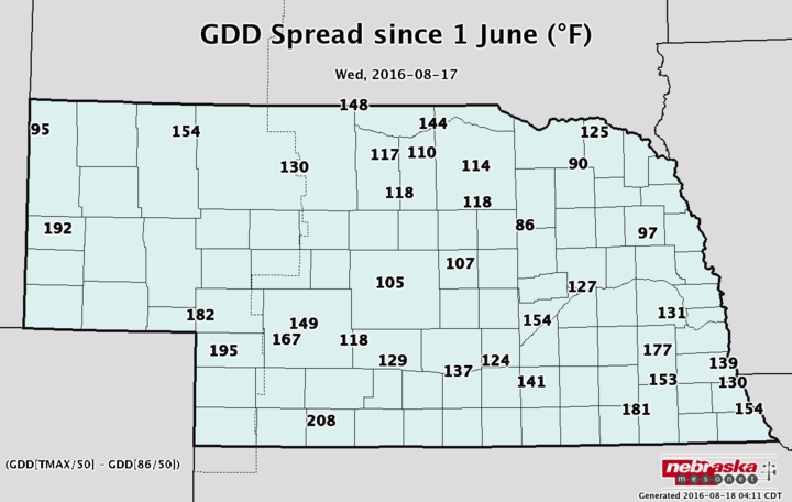 Map indicating GDD accumulations