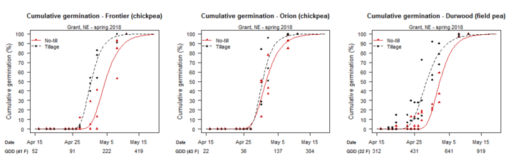 Three graphs showing tillage effects by variety.