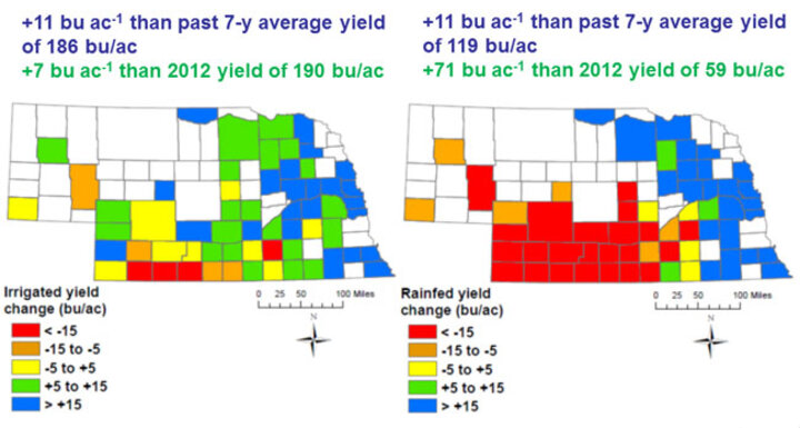 Nebraska map showing 2013 corn yields by county for irrigated and dryland