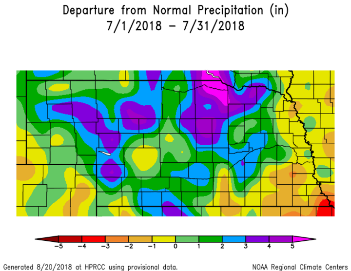 Map showing July 2018 departure from normal precipitation