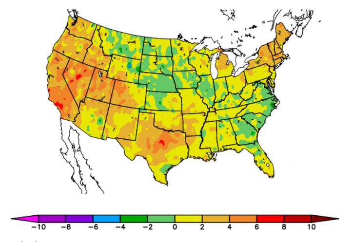 US Map showing departure from normal temperatures for July 2018