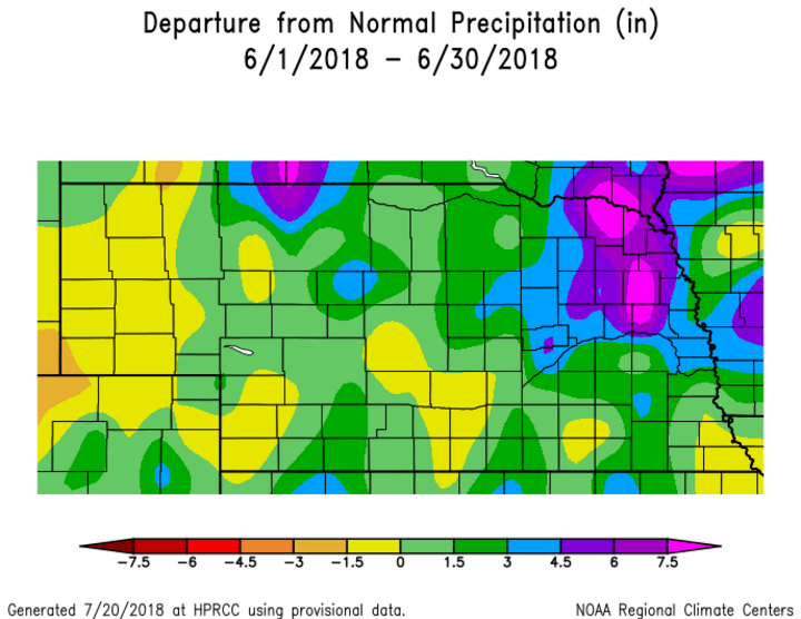 Map showing June 2018 departure from normal precipitation