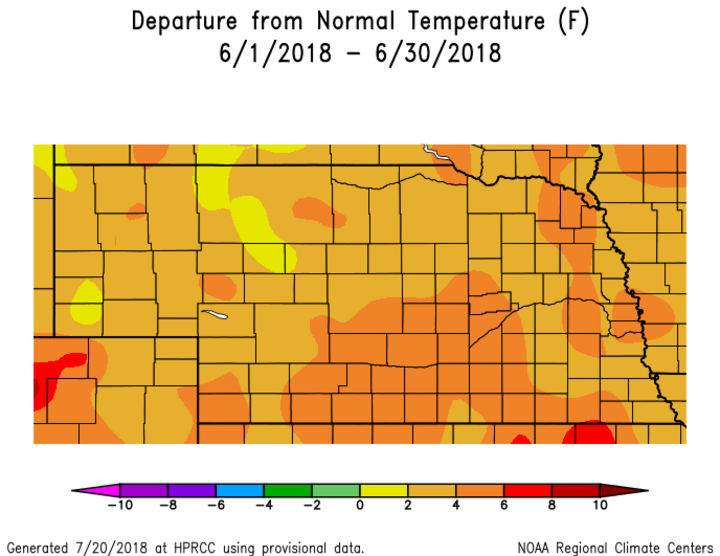 Map showing June 2018 departure from normal temperature