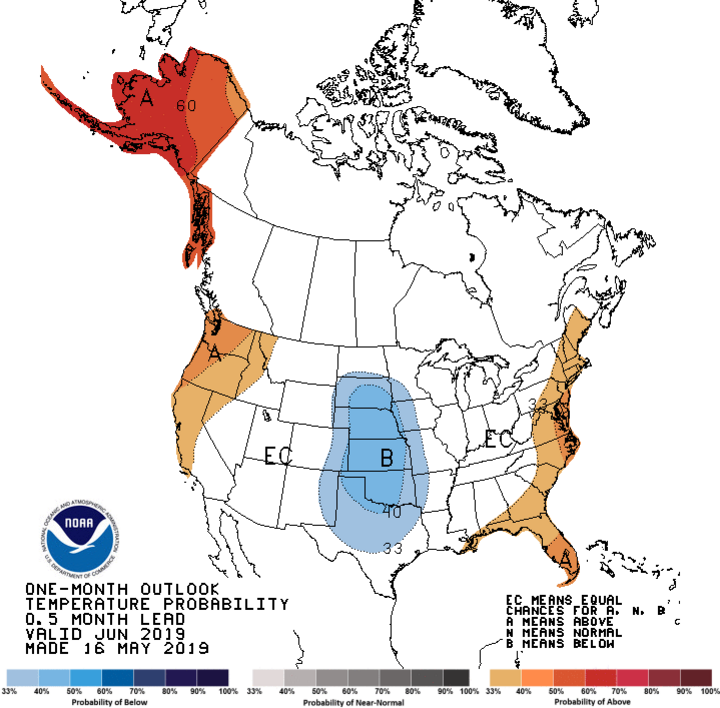 US map showing CPC June 2019 temperature outlook