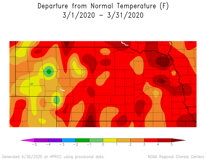 Nebraska departure from normal temps for March 2020