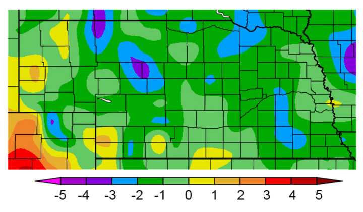 NE map showing departure from normal precipitation for Augusut 2019