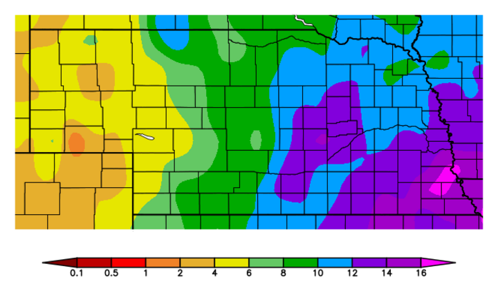 Nebraska map showing departure from normal precipitation from 9/25/18 through 3/24/19