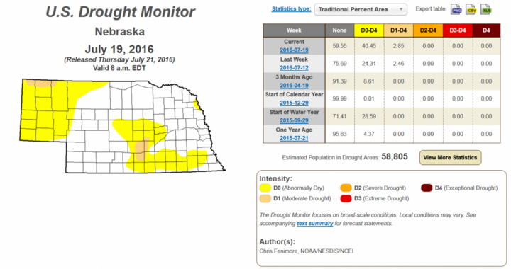 Map of abnormally dry and drought area in Nebraska