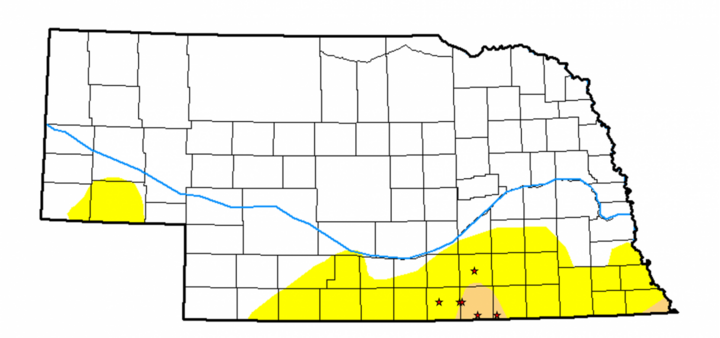 Nebraska map showing current drought areas and locations for water meters