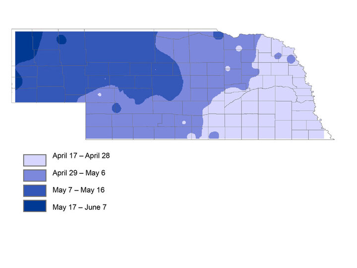 Map showing medium risk of freeze by specified dates