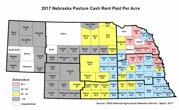 Nebraska map of pastureland cash rents paid