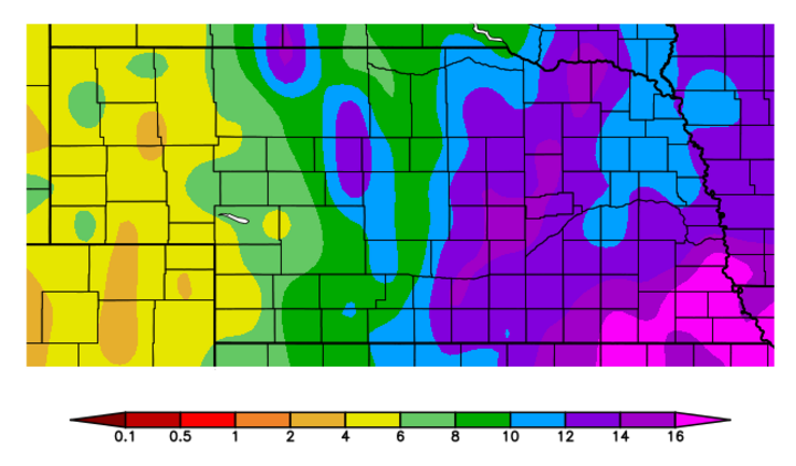 Nebraska map showing precipitation from October to April 15.