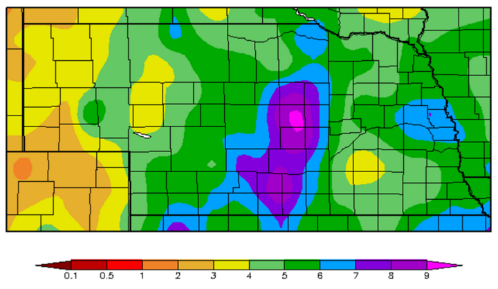 Nebraska map showing April 2016 precipitation amounts