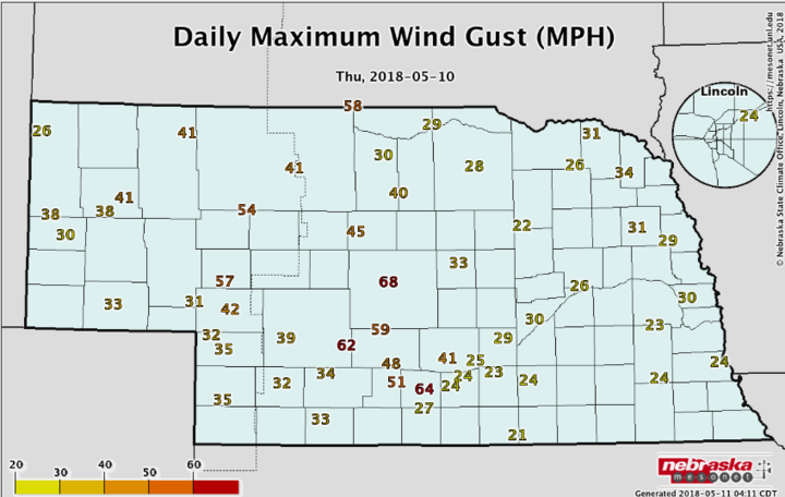 Nebraska map of wind gusts