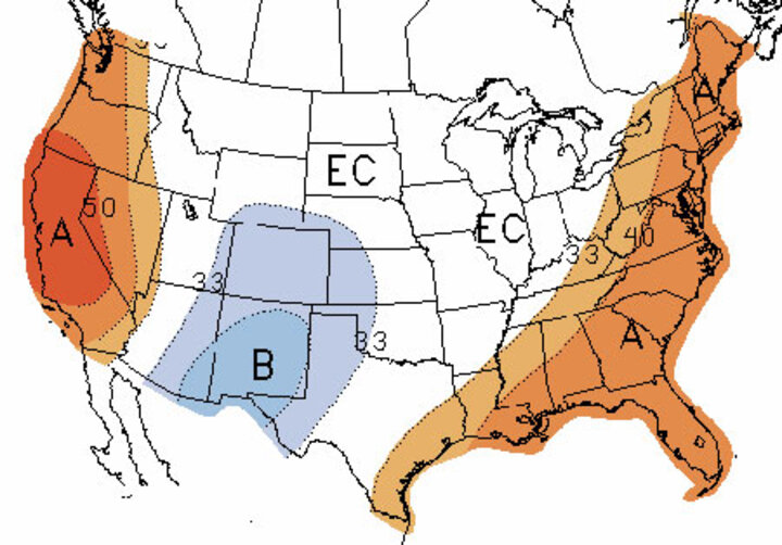 US map of Climate Prediction Center October Temperature forecast