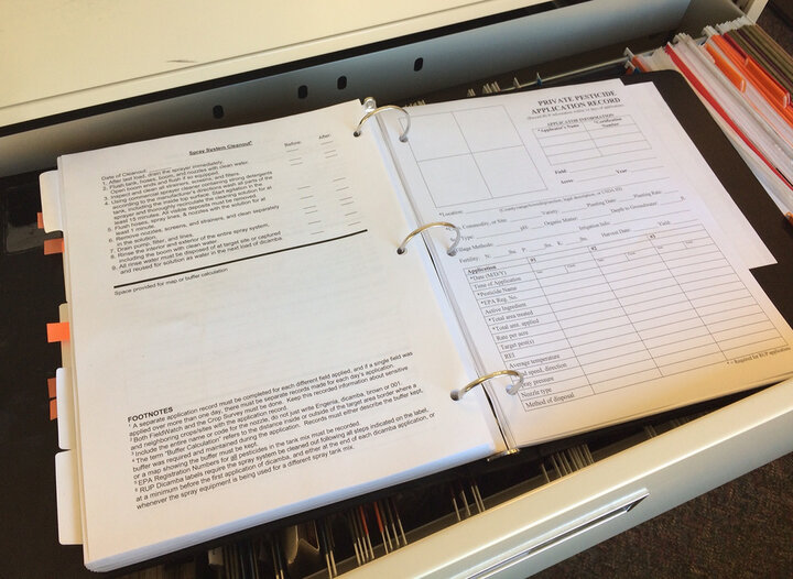 Required recordkeeping forms for pesticide applications need to be kept for at least three years.
