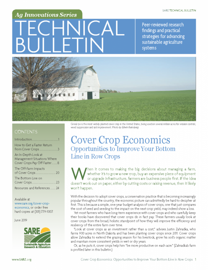 Cover of the USDA SARE resources on economics of cover crops