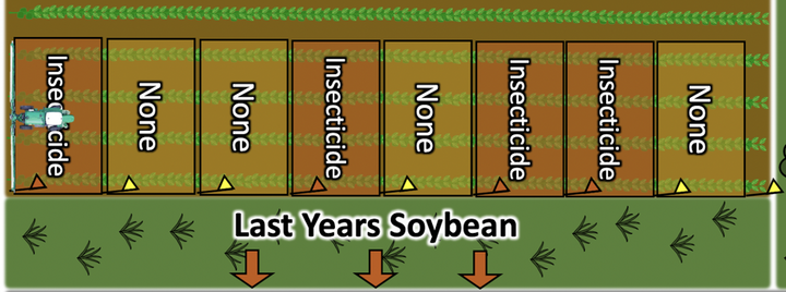 Diagram showing random unsprayed (none) areas the width of boom along a field edge measuring about 50-100 feet long and 90-100 feet wide to determine if any efficacy was achieved with an insecticide application.