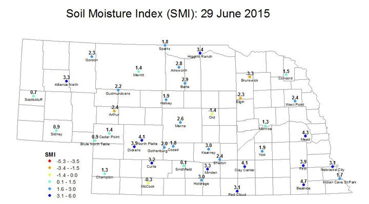 Map indicating soil moisture suprlus or deficit