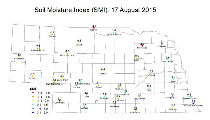 Nebraska Soil Moisture Index Aug. 10, 2015