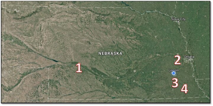 Sites on a Nebraska map