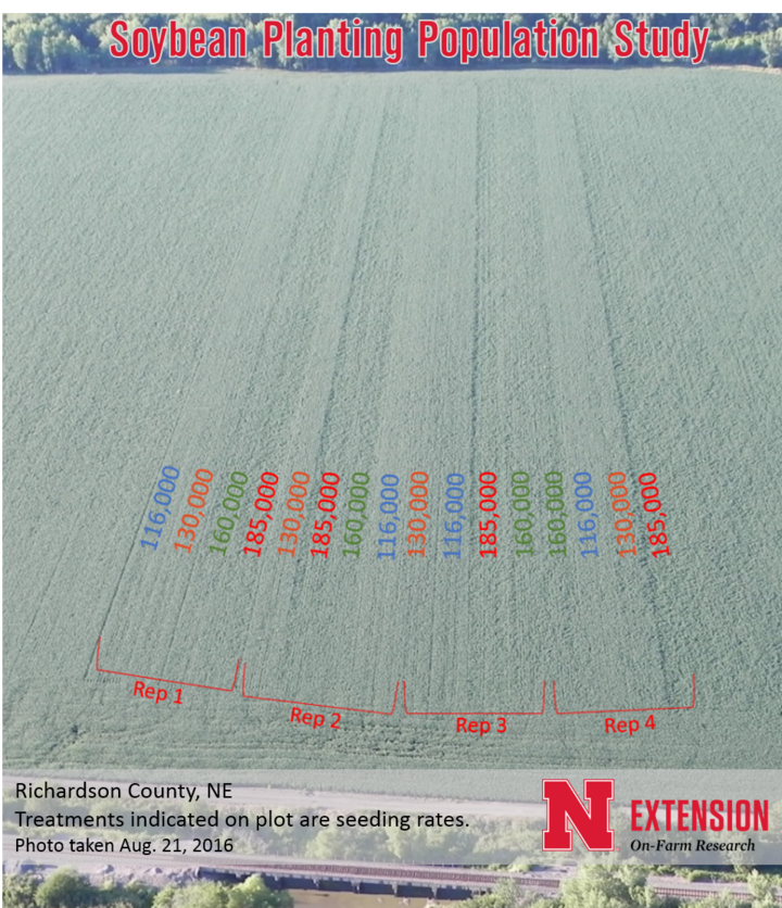 Drone shot of soybean population rate study