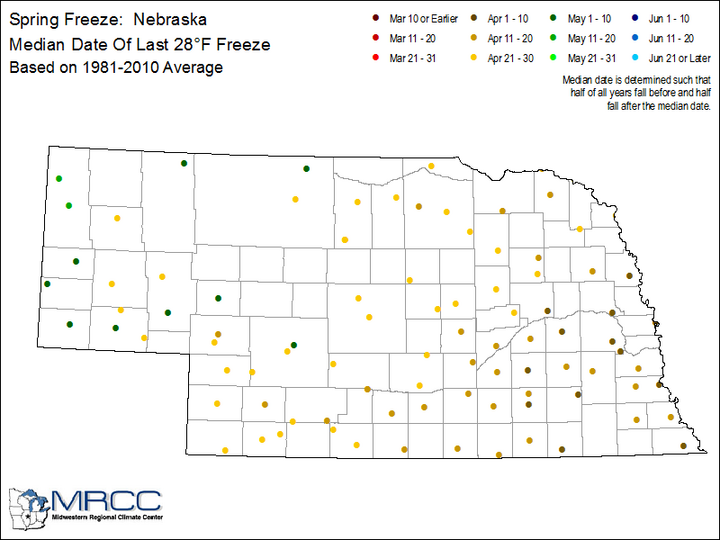 Map showing media spring freeze dates for various locations