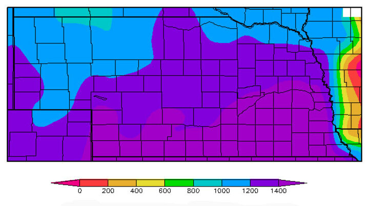 Nebraska map showing accumulated GDDs