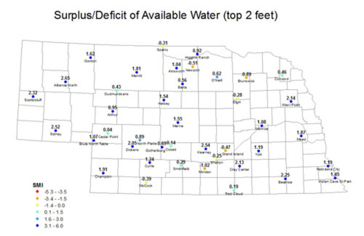 Nebraska map of soil moisture surplus or deficit