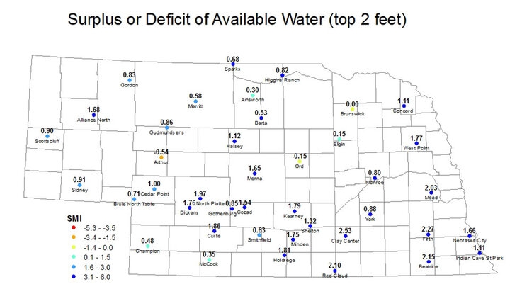 Surplus or deficit soil moisture as of June 22, 2015