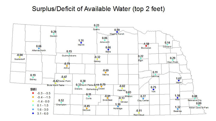 Nebraska map showing surplus or deficit soil moisture for selected sites.
