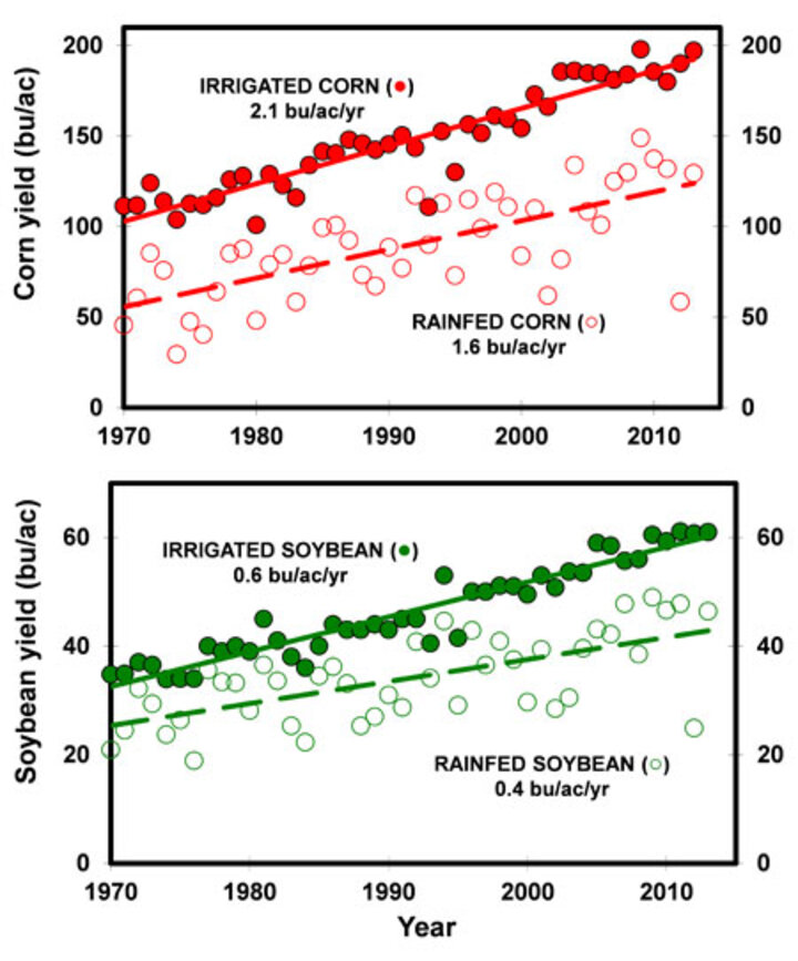 Chart of historical corn and soybean yield trends for Nebraska