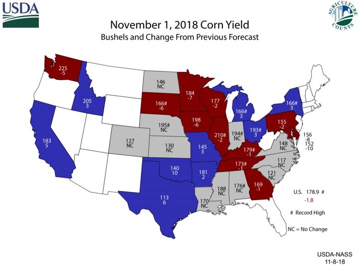 US map showing change in production from last USDA NASS forecast