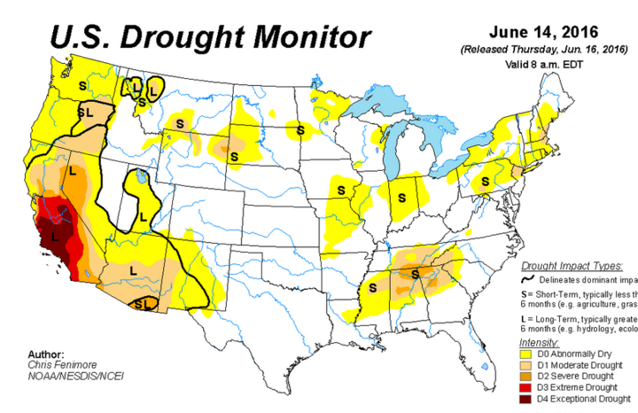 US Drought Monitor for June 14, 2016